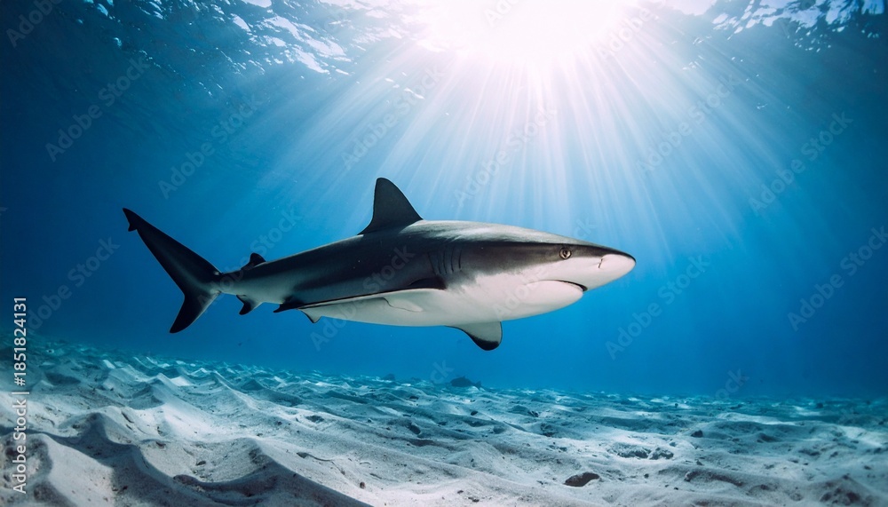 Obraz premium Side-view of a shark gliding through clear blue ocean with sunlight filtering from above.