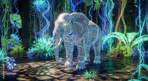 Wireframe elephant in jungle environment.