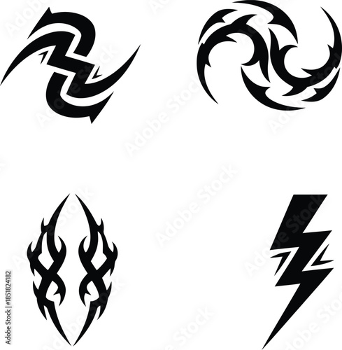 Minimalist black tribal tattoo elements with lightning bolt sharp thorns and symmetrical flame patterns for graphic design.