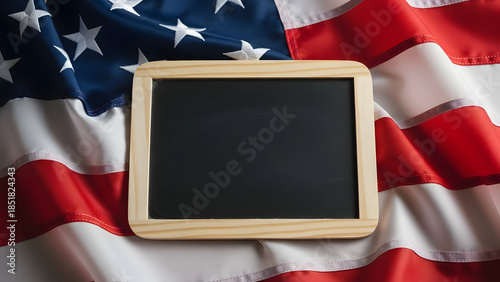 American flag background with blank chalkboard for patriotic messages