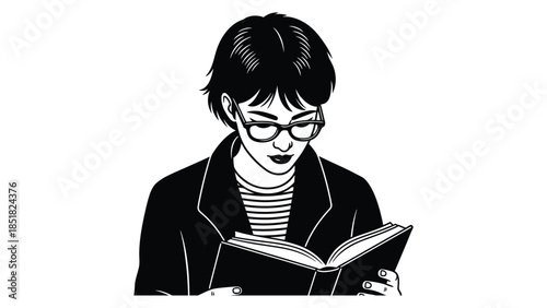 Minimalist Black and White Vector Illustration of Person with Glasses Reading Book
