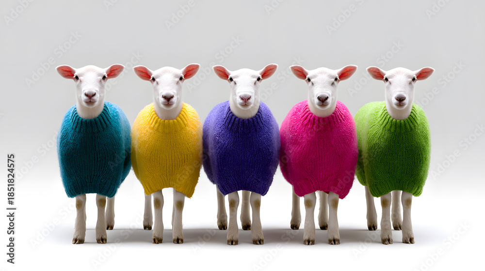 Obraz premium Colorful sheep in row: A collection of cheerful sheep, adorned in a vibrant spectrum of colors, stand in neat alignment, their gentle presence radiating a sense of calmness.