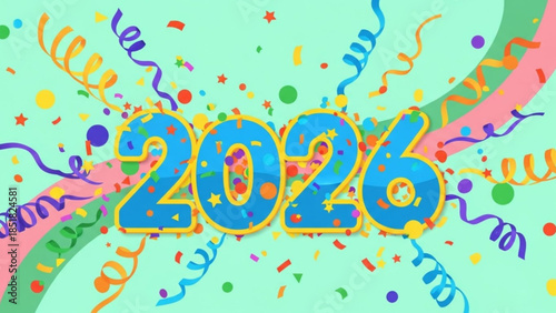 New Year 2026: An eye-catching graphic design presents a vibrant depiction of the year 2026, festooned with colorful confetti and festive streamers, conveying a sense of celebration and anticipation.