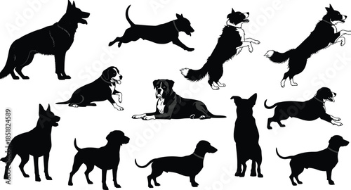 Black dog silhouettes collection, diverse domestic breeds in jumping, running, sitting, and standing poses, pet animal vector illustrations for graphic design isolated elements
