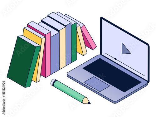Online education with laptop and books