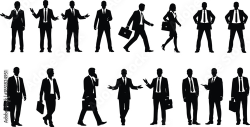 Business people silhouettes set including professional businessmen and women walking, talking, standing with briefcases, jumping for success, and various corporate office worker poses.