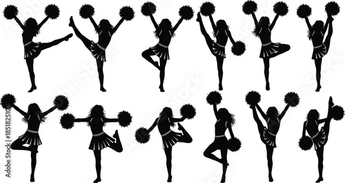 Cheerleader silhouettes collection, diverse dance poses with pom poms, high school spirit girls set, cheerleader vector illustration isolated elements for sports team design