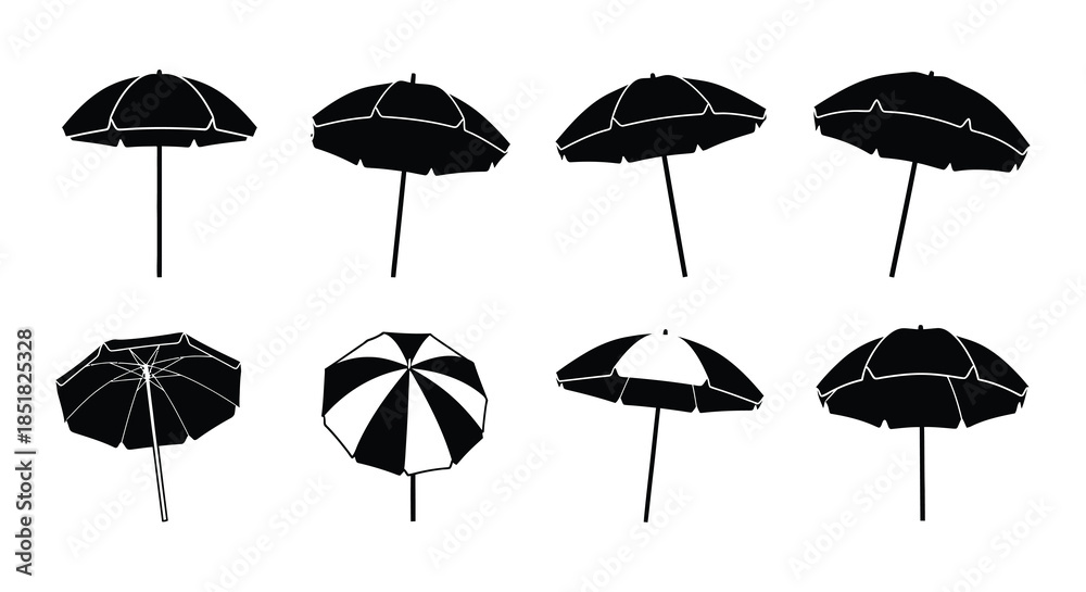Obraz premium A collection of black beach umbrellas isolated on a white background
