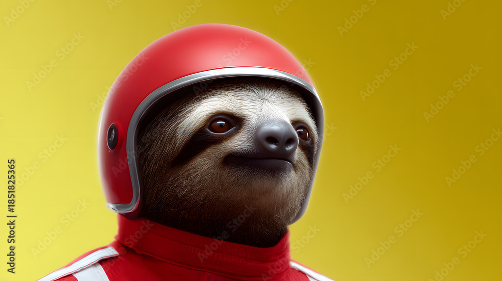 Obraz premium Sloth with a Helmet: A charismatic sloth, confidently posed in a vibrant red helmet, radiating an aura of sporty flair and playful charm.