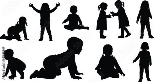 Collection of cute children silhouettes, happy kids playing and sitting positions, toddler crawling and standing figures, childhood nursery vector illustration, isolated black icons, set.