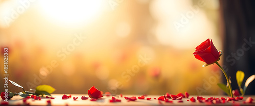 Single red rose standing with scattered petals on surface and warm golden blurred background symbolizing love romance loss remembrance and emotional elegance