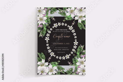 WEDDING INVITATION FRAME WITH FLOWER DECORATIONS AND FRESH LEAVES