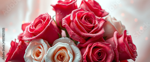 Beautiful bouquet of pink and white roses with fresh water droplets in soft light and bokeh background symbolizing love romance elegance and celebration