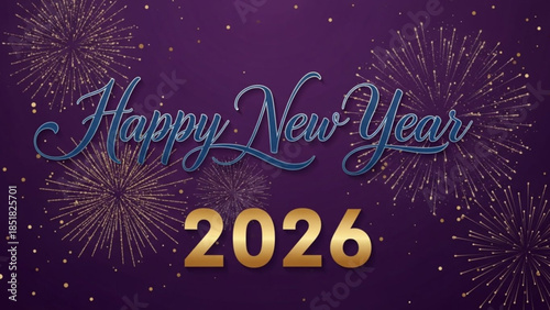 Fireworks and New Year Cheer: A vibrant display of fireworks explodes against a deep purple sky, framing the celebratory message Happy New Year 2026. capturing the spirit of renewal and festivity.