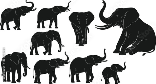Elephant silhouettes set featuring african wildlife animals, standing elephants, walking postures, sitting pose, baby calf icons, and majestic tusker figures in nature.