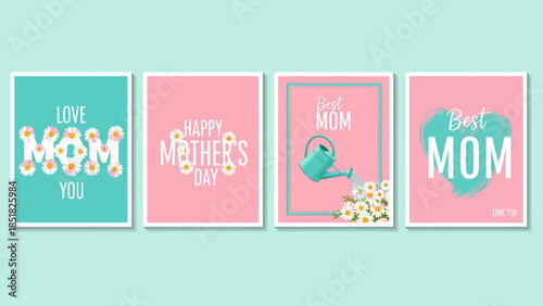 Four pastel pink Mother's Day greeting cards with floral typography on a mint background, featuring messages: Love You, Happy Mother's Day, Mom, Best Mom