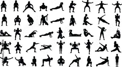 Large collection of fitness workout silhouettes, people exercising in gym, weightlifting icons, yoga poses, athletic training positions, male and female sport vector illustration.