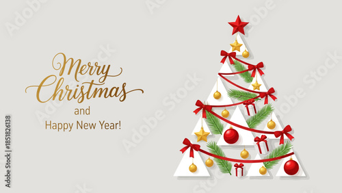 Festive Christmas tree illustration with ribbons, ornaments, and star topper beside a Merry Christmas and Happy New Year greeting