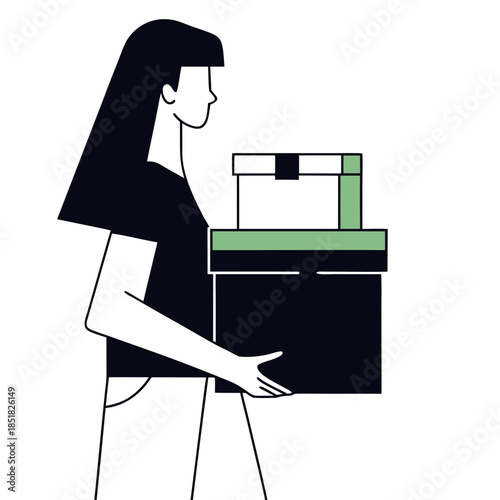 Woman carefully carrying a box with gifts and packages in a minimalistic setting