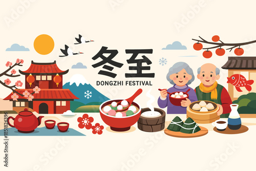 Wide Dōngzhì Festival Scene Depicting Taiwanese Winter Solstice Cultural Celebration Minimal Clean Festive Layout