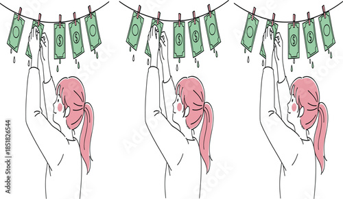 Money Laundering Concept Illustration Featuring a Young Woman Hanging Wet Banknotes on a Clothesline for Financial Crime and Corruption Themes.