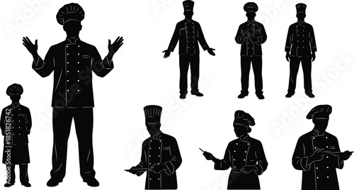 Set of professional chef silhouettes, culinary workers in uniform with hats, male and female restaurant staff, bakery kitchen experts isolated vector graphic collection.