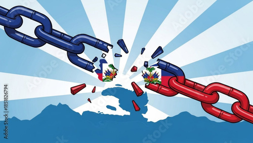 Haiti's Liberty: Symbolic representation of Haiti breaking free from its chains, with the flag integrated into the links, set against the silhouette of the nation's map and an optimistic sky.
