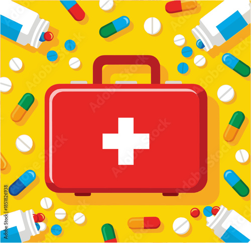 Create a Red first aid kit positioned on a vivid spilled pharmaceuticals, symbolizing healthcare and emergency preparedness. Ideal for medical or safety-related visual concepts vector art with white b