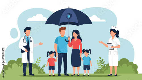 Family under umbrella with doctors, representing health insurance and medical care protecting loved ones from harm and providing safety