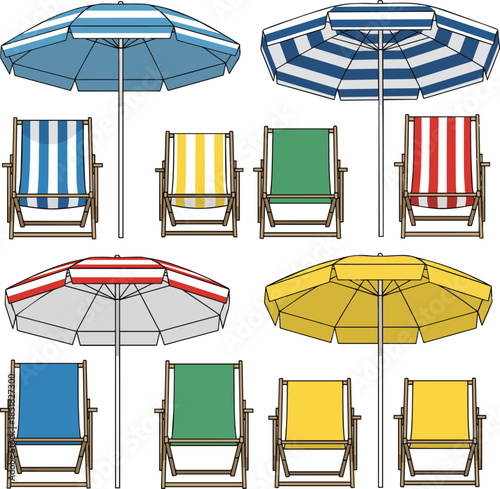 Create a set of Front view beach chair and umbrella vector art with white background..