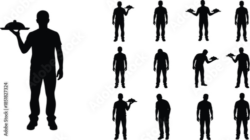 Black silhouette set of male waiter holding serving tray with cloche in various poses isolated on white background for restaurant service