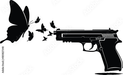 Black vector silhouette of a pistol gun shooting flock of butterflies isolated on white background symbol of peace and freedom
