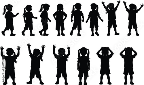 Large collection of black vector silhouettes of a little girl walking, standing and raising hands isolated on white background