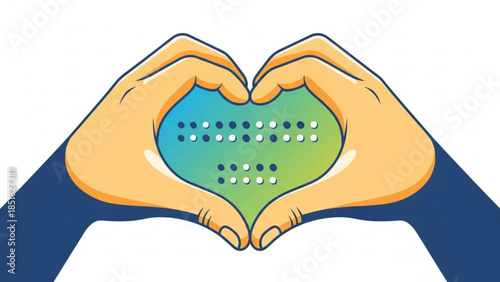 Hands in Heart Symbol: Hands form a heart shape around a display of braille letters, illustrating a message of love, support, and inclusivity for visually impaired individuals.