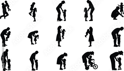 Large collection of black vector silhouettes showing parents playing, hugging and caring for little children isolated on white background