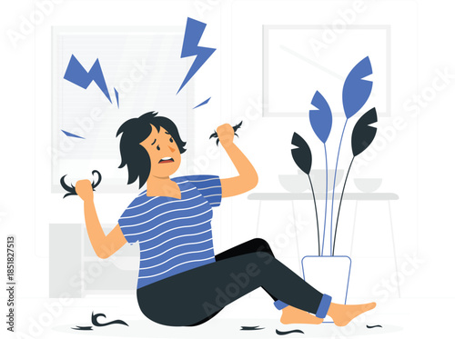 Woman sitting on floor with hair flying up frustrated with blue and white striped shirt