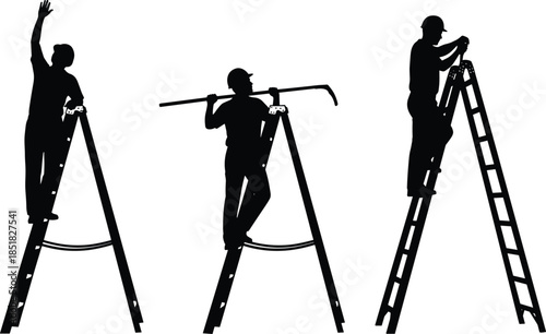 Set of vector black silhouettes of construction worker on ladder wearing hard hat isolated on white background for repair work