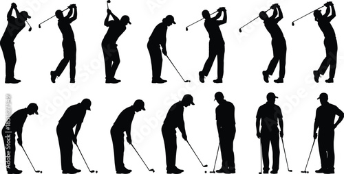 Set of vector black silhouettes of golf players swinging clubs and putting on the green, isolated on white background