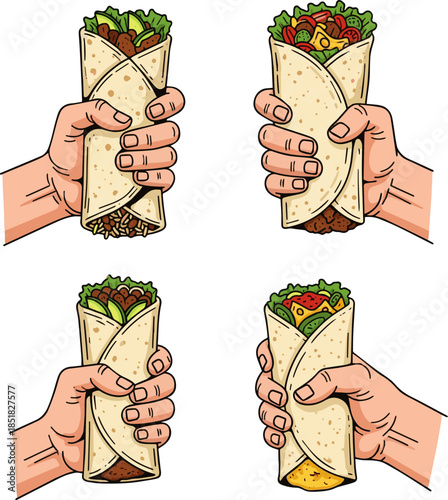 Create a Set of hand holding burritos vector art with white background..