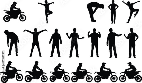 Set of vector silhouettes including motocross rider and man in various standing and active poses isolated on white background