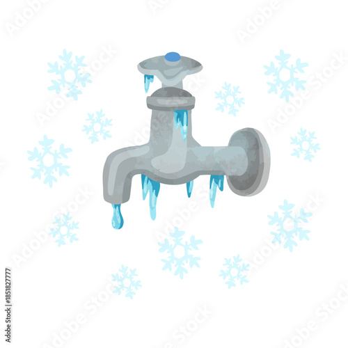 凍結している水道蛇口　水彩風手描きベクターイラスト