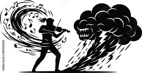 A powerful female violinist battles a monstrous storm cloud with her music, symbolizing the triumph of art and harmony over chaos and destruction.