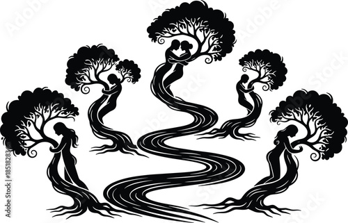 Anthropomorphic tree women along winding path, symbolic nature unity, surreal black and white illustration, embracing couple, artistic forest harmony concept