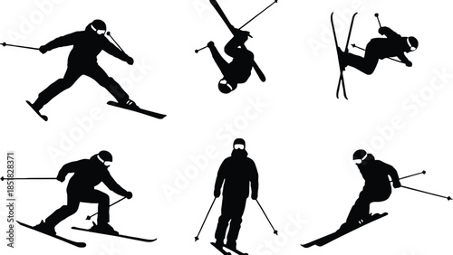Skier silhouettes in various dynamic poses