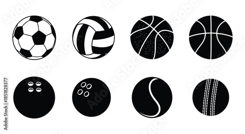 Collection of various sport balls in a simple black and white design