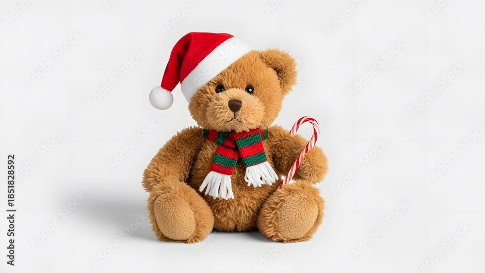 Fototapeta premium Teddy bear dolls wear some Christmas accessories such as Santa's costume, candy cane, and scarf