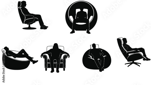 Silhouettes of people sitting in various chairs