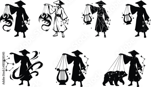 Constellation-themed East Asian silhouettes with stars, mythical figures holding celestial symbols, fantasy astrology concept, stylized cultural illustration