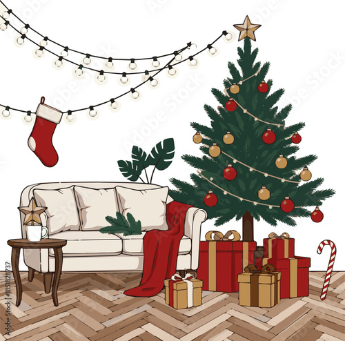 Create a Stylish interior of Christmas arrangement with Christmass tree, white sofa and festive decorations and accessories. vector art with white background.