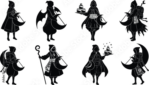 Fantasy robed silhouettes with crescent moon objects, mystical character poses, magical accessories, stylized concept art, symbolic archetype illustration